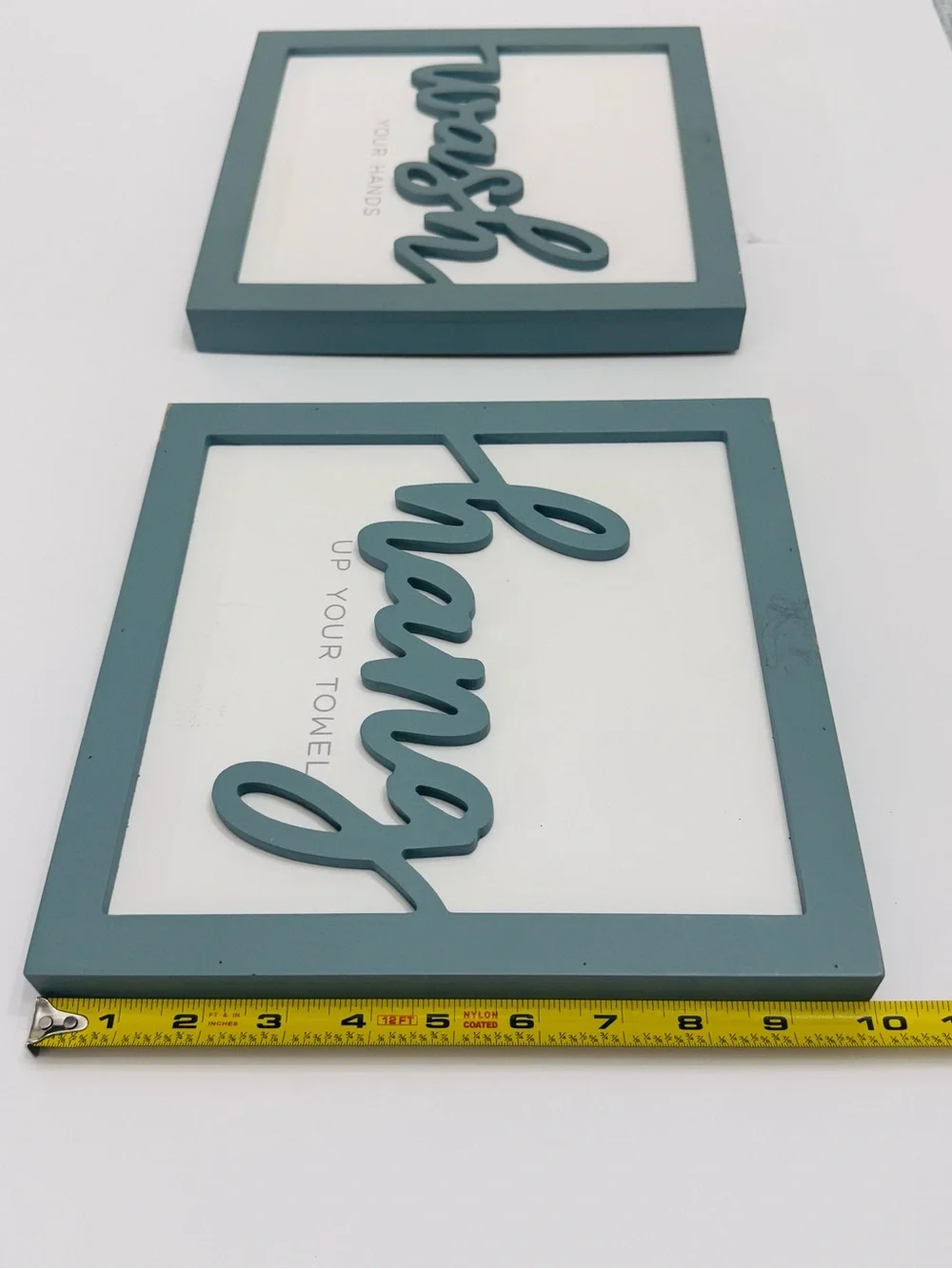 Farmhouse Teal Wooden Bathroom Sign Set - Wash hands & Hang towels 2 Piece Decor